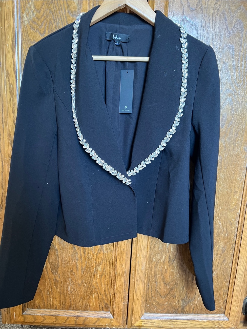 Lulu's Black Cropped Blazer with Crystal Trim